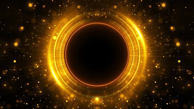Golden rings circular center radiant beams particles explode . logo reveals, award titles, showcases, luxury advertising, openings, event introductions and cinematic presentation backgrounds.