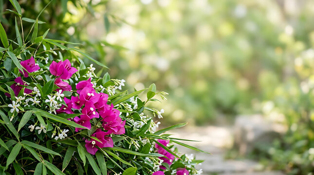 Vibrant pink and white blossoms blooming amidst lush green foliage in a serene garden setting