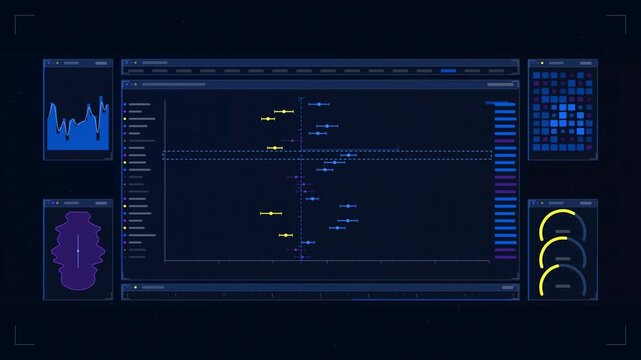 Abstract animated experiment lift intervals settling significance drawn as blue and cyan lines and shapes on a deep dark background. Seamless looping 4K motion graphics video with free space for text,