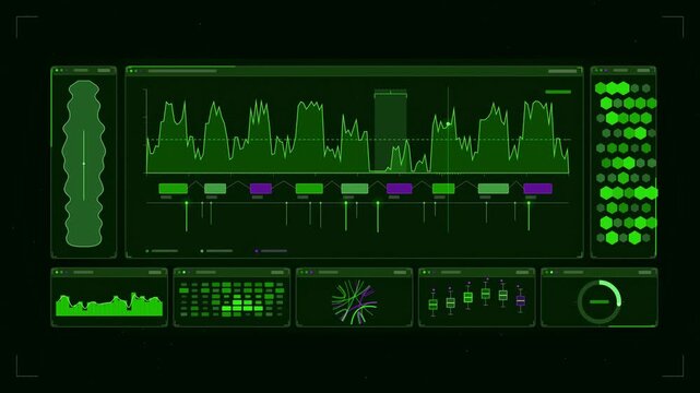 Abstract animated genome coverage depth tracking exons drawn as green and teal lines and shapes on a deep dark background. Seamless looping 4K motion graphics video with free space for text, ideal for