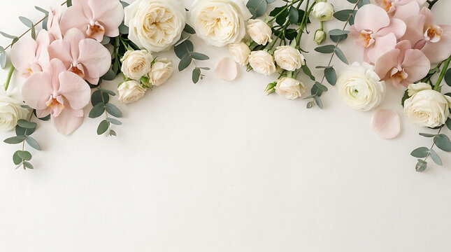 Elegant floral arrangement featuring soft pink orchids and creamy roses with green foliage on a white background for a
