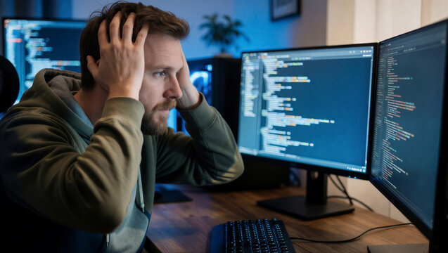 Stressed programmer looking at screen with coding error. Frustrated software developer holding head while working late in office