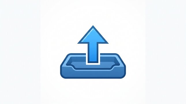 Blue upload icon with arrow pointing up from outbox tray, digital file transfer symbol, modern flat interface element for web and app design