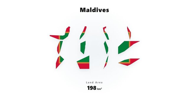 Fragmented Maldives flag pieces assemble into vertical red and green stripes and dissolve into geometric tiles on clean white background, smooth colorful transformation
