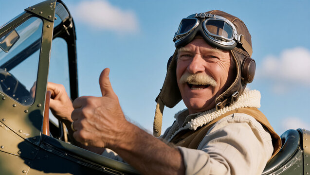Cheerful senior pilot wearing a vintage aviator hat and goggles gives a thumb up from a classic airplane cockpit. High-quality portrait of retro aviation