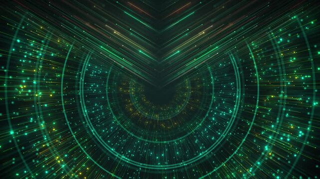 Light streaks accelerate circular digital rings, high speed data tunnel. artificial intelligence, big data, computing, network transfers, cybersecurity, fintech reports and 19 presentations.