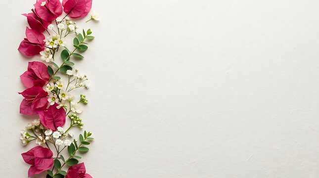 Vibrant floral arrangement with pink, white, and green blossoms cascading along the edge of a white wall for elegant decoration