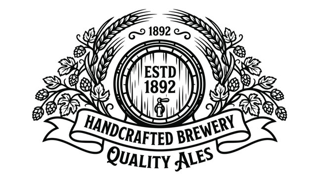 Vintage brewery logo with wooden barrel and wheat hops.
