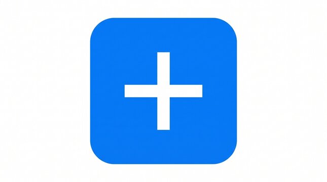 Minimalist blue plus sign icon, white cross symbol on rounded square button, simple mathematical addition graphic for interface design