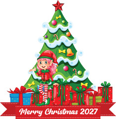 Naklejka premium Christmas Tree with Gifts and Festive Ornaments Holiday Card Vector Illustration for Xmas Celebration, Winter Greeting, New Year and Seasonal Decoration Design
