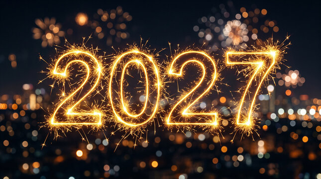 Glowing neon gold 2027 celebration text with fireworks sparkles against dark urban night sky