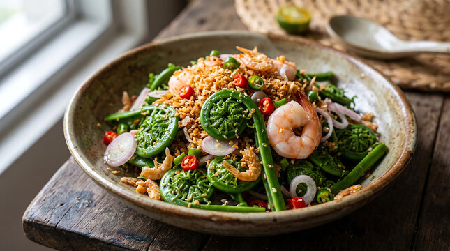 Hyper Realistic 9K Diagonal Angle Close Up Kerabu Pucuk Paku Fiddlehead Fern Salad with Prawns Food Photography