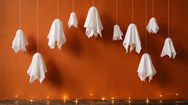 Hanging white ghost decorations made of cloth for Halloween party against an orange wall background