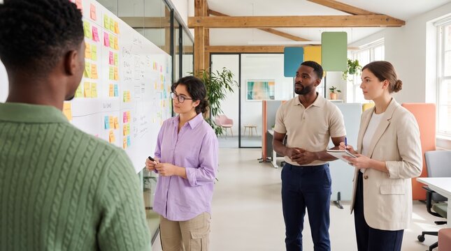 Team discussing a kanban board in a colorful startup office