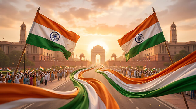 Vivid celebration of Indian unity featuring waving flags at historic monument during sunset
