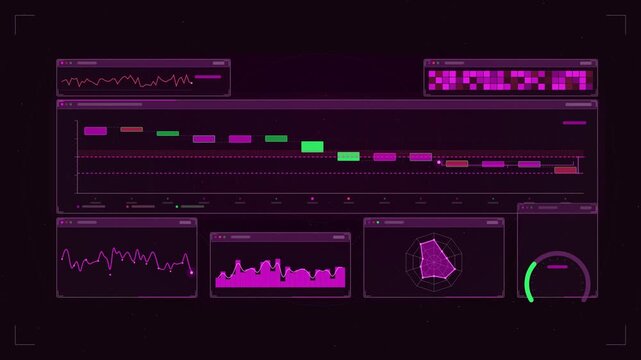 Abstract animated satellite link budget margin closing drawn as violet and blue lines and shapes on a deep dark background. Seamless looping 4K motion graphics video with free space for text, ideal fo
