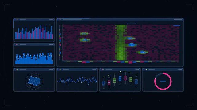 Abstract animated doppler bands separating moving targets drawn as blue and cyan lines and shapes on a deep dark background. Seamless looping 4K motion graphics video with free space for text, ideal f
