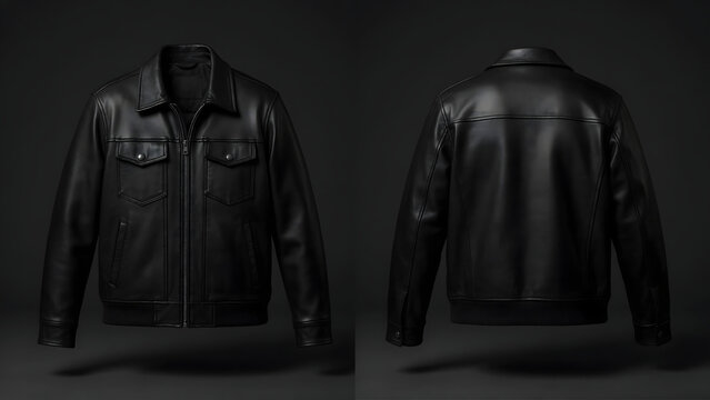 Front and back view of a black leather jacket with a collar, zipper, and chest pockets, floating against a dark gray studio background, for display