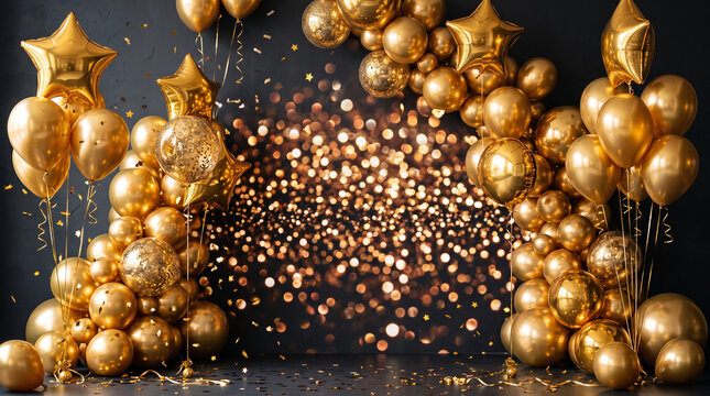 Gold confetti and metallic balloons bursting in festive celebration setup with copy space