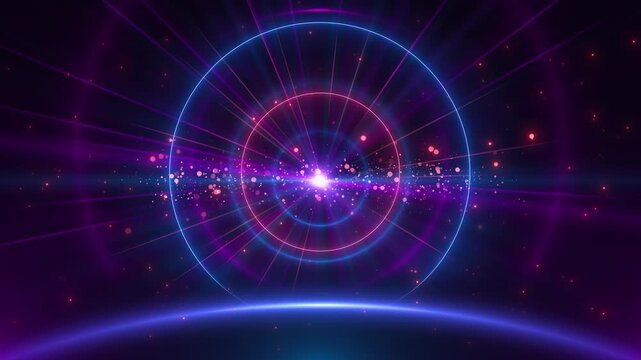 Blue and magenta rings expand glowing particles radiate music visualizers, cosmic portals, science fiction scenes, gaming intros, virtual events, logo reveals and futuristic technology presentations.
