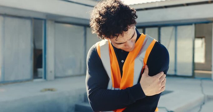 Engineer, massage and shoulder pain at site for construction, sprain and burnout of project injury. Man, discomfort and inflammation at worksite with arthritis, pressure and incident of architecture