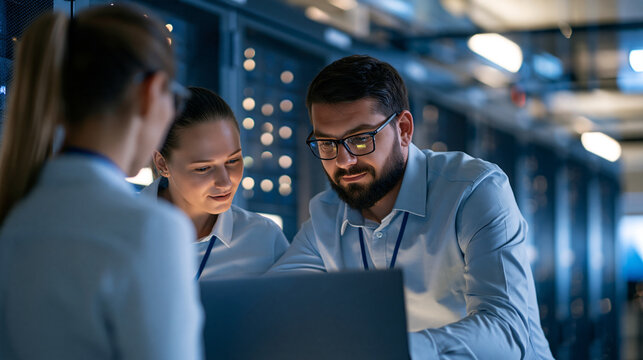  two engineers examining server racks together inside a bright clean data center over the shoulder composition with faces out of frame using a laptop to analyze system performance