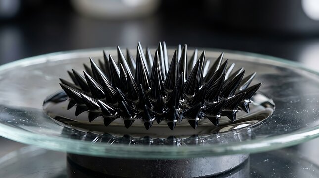 Stunning macro photography of dark magnetic ferrofluid forming intricate sharp spikes inside a clear glass dish for science concept.