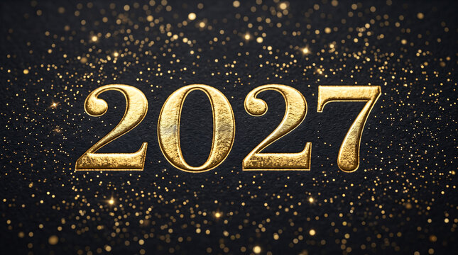 Gold foil 2027 text design with cosmic glitter background for futuristic branding and event signage