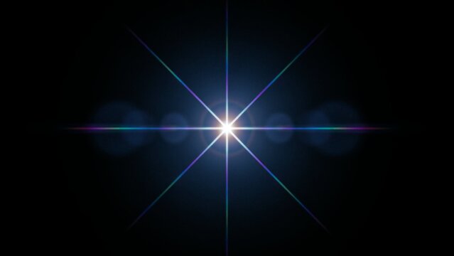 Ultra realistic cinematic starburst lens flare effect, a single brilliant white light source glowing at the center of a pure black background