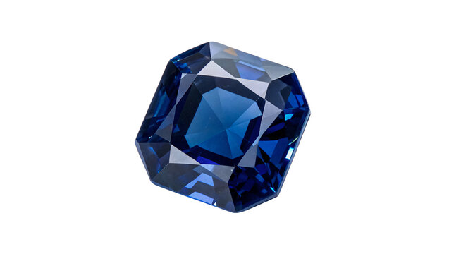 Beautiful square faceted blue sapphire gemstone crystal isolated on transparent background.