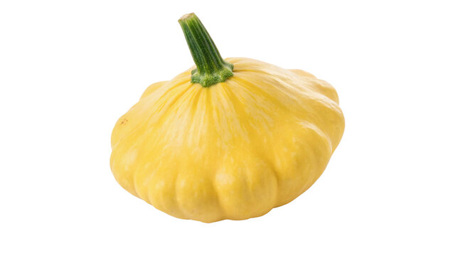 Whole fresh yellow pattypan squash pumpkin vegetable isolated on transparent background.