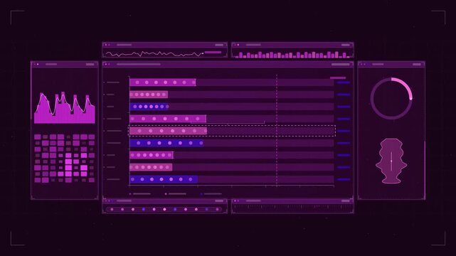 Abstract animated queue depth backlog draining slowly drawn as violet and blue lines and shapes on a deep dark background. Seamless looping 4K motion graphics video with free space for text, ideal for