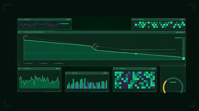 Abstract animated error budget burning down remaining drawn as cyan and teal lines and shapes on a deep dark background. Seamless looping 4K motion graphics video with free space for text, ideal for d