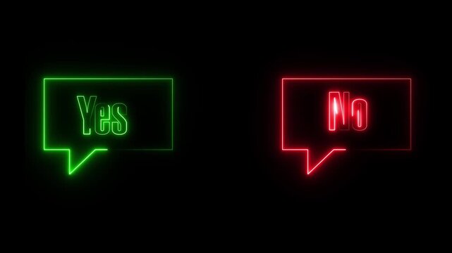 Speech bubbles animation displays yes and no decision options. User feedback response prompts navigate across speech bubbles. Digital interactive messaging systems use speech bubbles.