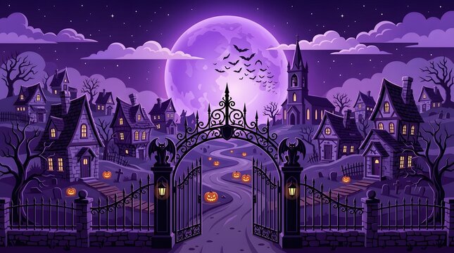 Spooky pixel art landscape featuring a haunted village under a large full moon in a purple night sky