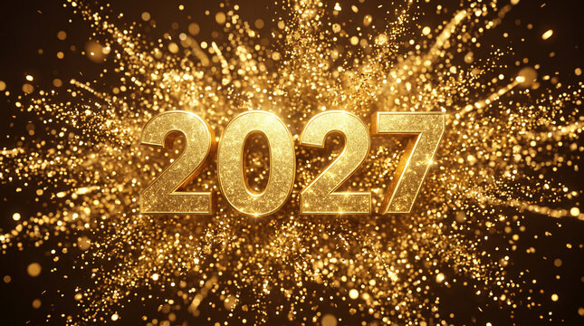 Gold glitter explosion design featuring bold 2027 typography for new year celebration branding