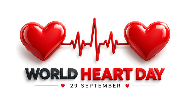World heart day 29 september banner with 3d red hearts and ekg pulse line isolated on white background, world heart day 2026, heart day 2026, heart day