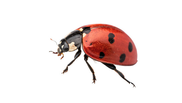 Small red ladybug insect crawling on surface isolated on transparent background.