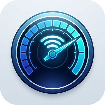 Vibrant glowing blue speedometer icon representing high speed internet connection, fast bandwidth download rate, and modern web connectivity.