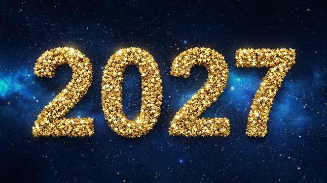Golden glitter year number 2027 floating against deep space cosmic background for futuristic branding