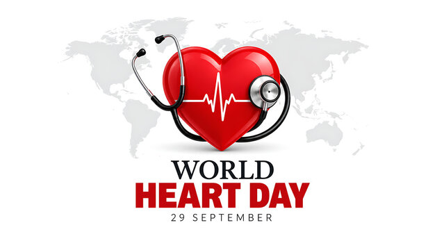 World heart day concept with red heart shape, stethoscope and heartbeat line on a world map background, world heart day 2026, heart day 2026, heart day