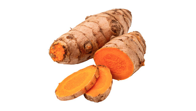 Whole and cut fresh organic raw turmeric roots isolated on transparent background.