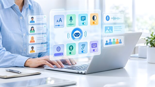 Businesswoman using laptop with AI voice assistant accessibility tools and user interface settings futuristic dashboard in office
