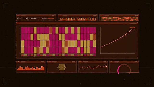 Abstract animated electrolyser cells drifting from efficiency drawn as amber and orange lines and shapes on a deep dark background. Seamless looping 4K motion graphics video with free space for text, 