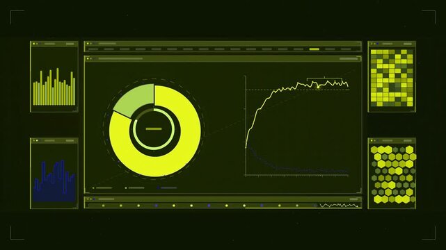 Abstract animated cache hit ratio warming up drawn as yellow and gold lines and shapes on a deep dark background. Seamless looping 4K motion graphics video with free space for text, ideal for dashboar