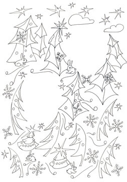 Black and white coloring book with Christmas rabbits under the triangle holiday spuce trees with bead garland and stars