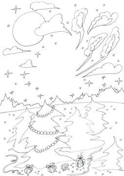 Black and white coloring book with night landscape of Christmas trees with bead garland
