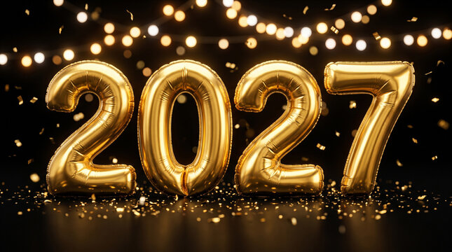 Golden 3d number 2027 celebration text with sparkle particles on dark background