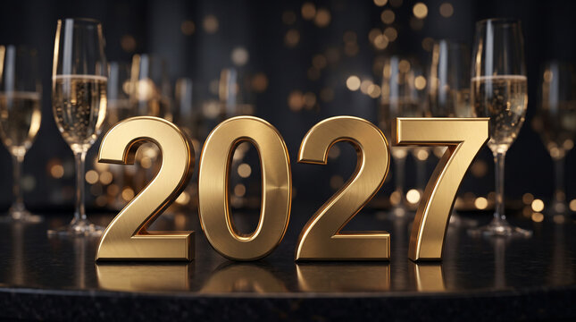 Golden 2027 sign surrounded by champagne flutes on elegant table setting for new year celebration