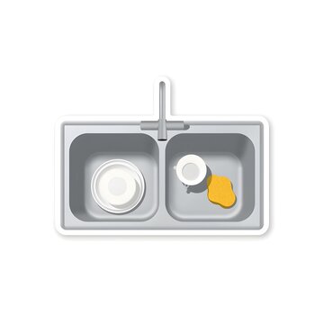 Top view vector illustration of double kitchen sink with dishes